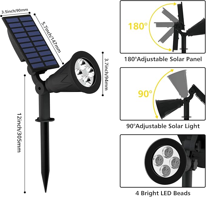 T-SUN Solar Spotlights Outdoor, 4 LED IP65 Waterproof Solar Landscape Spotlights, Dusk to Dawn Solar Lights for Trees, Yard, Garden, Pathway, Patio, Pool Area (White-4 Pack)