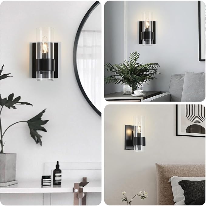 WUZUPS Set of 2 1-Light Bathroom Wall Light Fixture Over Mirror Flat Class Shade Morden Vanity Scones for Bathroom Bedroom Living Room, E12 Base, Black