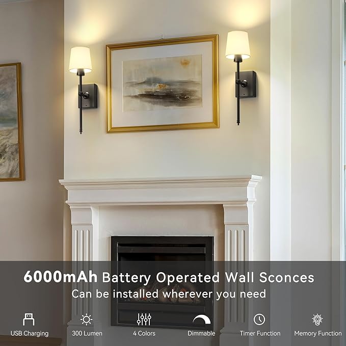 iThird Rechargeable Battery-Operated Wall Sconces Set of 2: Black Wireless Wall Lights with Touch and Remote, 6000mAh Battery Powered Scone Lighting Cordless Wall Lamp for Bedroom Living Room Hallway