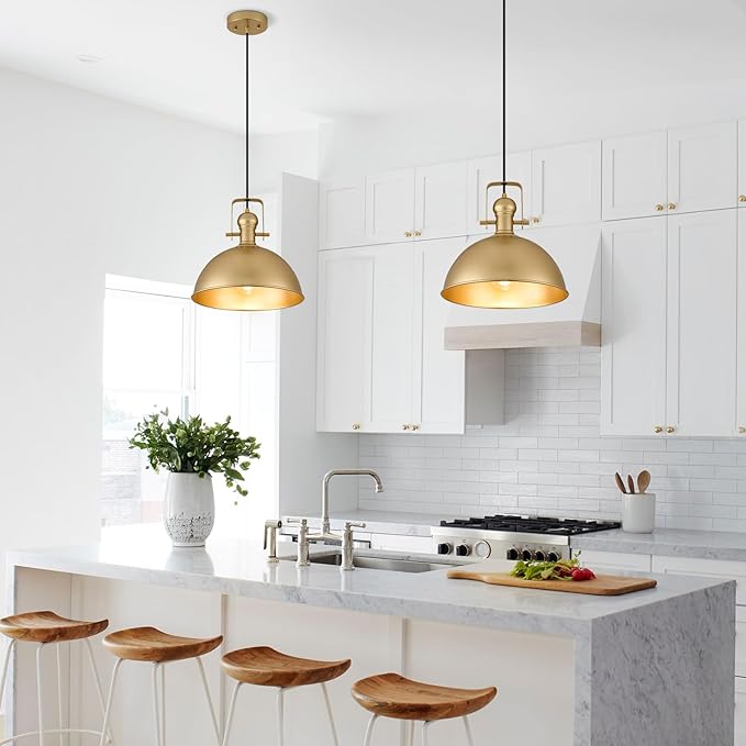 12 Inch Gold Farmhouse Pendant Lights Matte Pendant Lights for Kitchen Island Industrial Adjustable Height Vintage Dome Hanging Light Fixtures for Barn, Dining Room 3 Packs