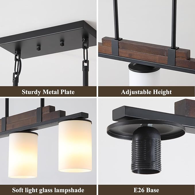 Farmhouse Wood Kitchen Island Lighting, 3-Light Adjustable Chandelier for Dining Room, Milk Glass Shade Dining Room Light Fixture Over Table, Black Hanging Pendant Lights for Kitchen, Pool Table