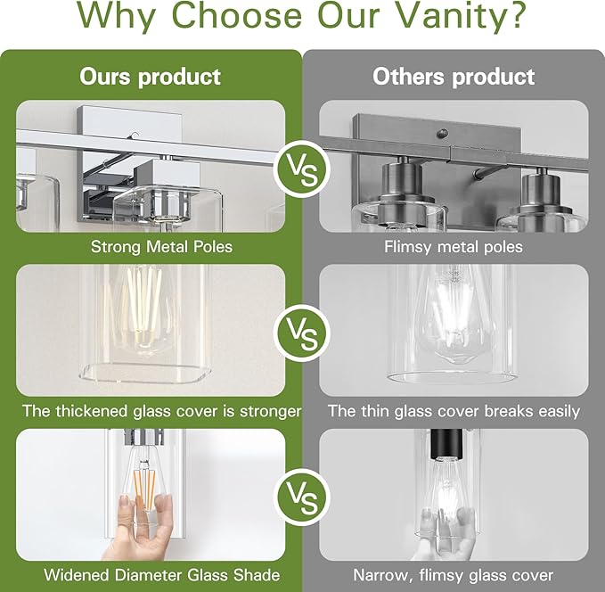 Espird Chrome Bathroom Vanity Light - 3 Light Bathroom Light Fixture Square Design & UL Certification, Bath Room Lighting Fixtures Over Mirror, Modern Vanity Lighting Fixture for Living Room