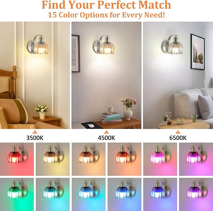 VerRon Rechargeable Battery Operated Wall Sconce with Amber Glass Lampshade, Wireless Wall Scone Decor with Remote Control, 15 Colors Brushed Nickle Wall Light for Bedside Hallway Bedroom Doorway