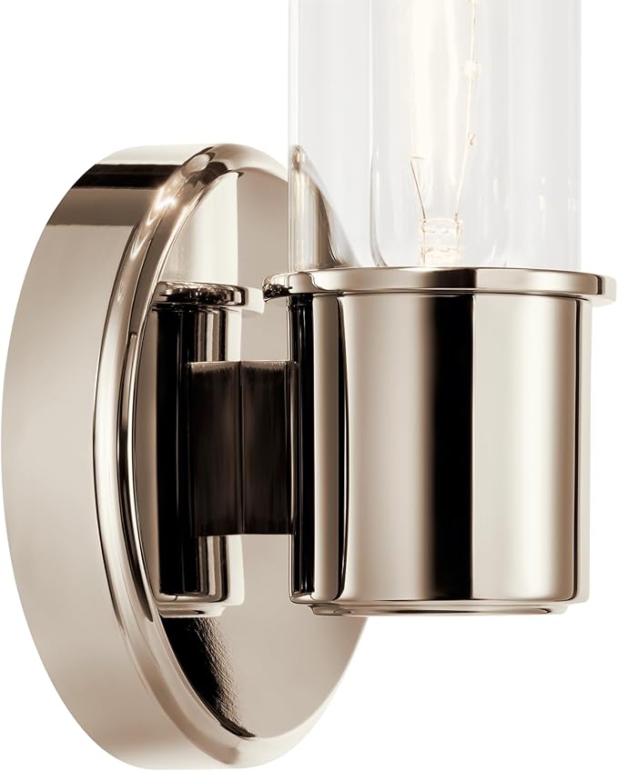 Kichler Aviv 1-Light Wall Sconce, Modern Light with Clear Glass in Polished Nickel, for Bedroom, Laundry Room, Kitchen or Hallway (13" x 5.5"), 52653PN