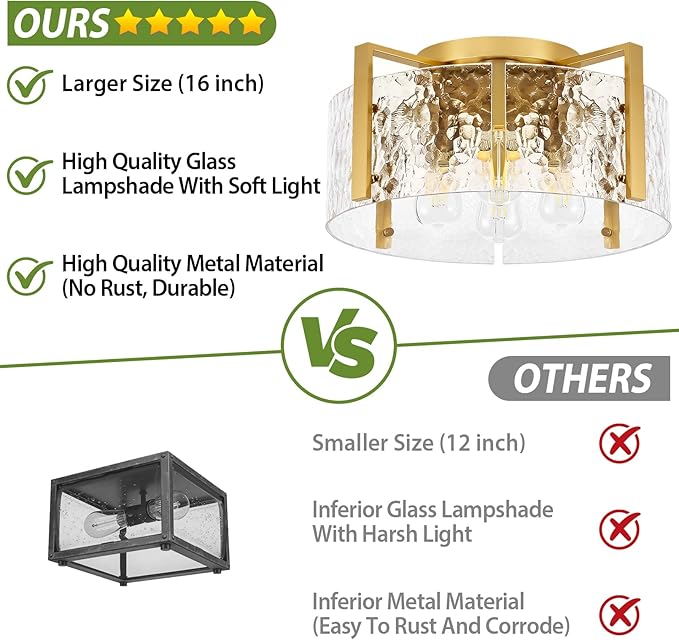 16'' Modern Gold Semi Flush Mount Ceiling Light, 4-Light Glass Drum Light Fixtures, Ceiling Lights for Hallway Entryway Bedroom Kitchen Canteen Bedroom Laundry Room Lighting Fixture Bulbs not Included