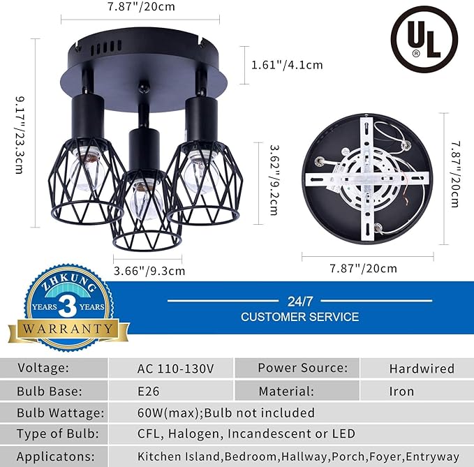 Industrial Semi Flush Mount Ceiling Light, 3-Light Multi-Directional Ceiling Light Fixtures, Vintage Black Metal Wire Cage Farmhouse Pendant Lighting for Kitchen Dining Room Hallway Foyer Bedroom E26
