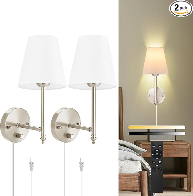 GOODATE Wall Sconces Set of Two with Remote Control, Dimmable, Adjustable Colors 2700-6500K, Plug in Wall Sconces with White Fabric Shades, Plug in Wall Light, Brushed Nickel
