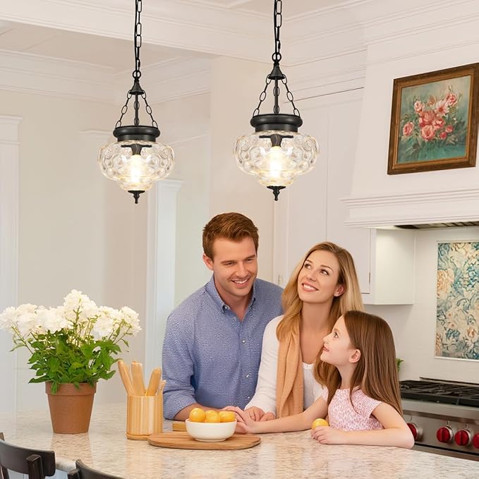 Vintage Pendant Light - Matte Black Pendant Lights Kitchen Island with Hammered Glass Shade, Hanging Lighting Fixtures with Adjustable Hanging Chain for Kitchen, Island, Dining Room, Entryway
