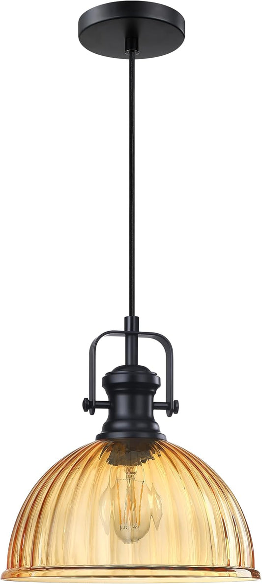 Leading Lighting 1 Light Pendant Light Hanging Modern Farmhouse Indoor Fixture 10" Gold Textured Glass Black Finish Dinning Over Sink Kitchen Island