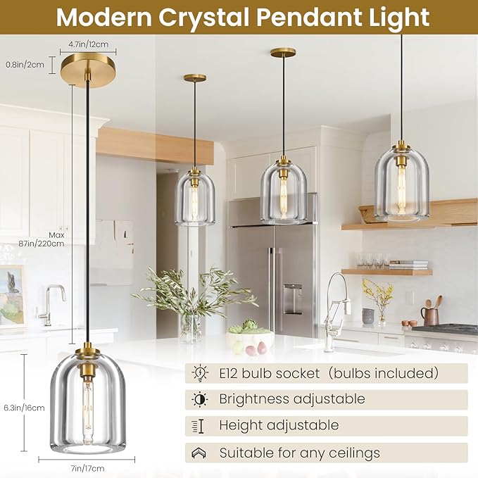Crystal Pendant Light Kitchen Island: 2 Pack Gold K9 Crystals Lights - 5.1" Dimmable Contemporary Cylinder Light above Dining Table - Modern Ceiling Hanging Lighting for Bedroom E12 Bulbs Included