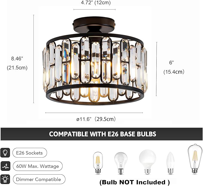 Crystal Ceiling Light Fixture - Modern Semi Flush Mount Chandelier with Crystals for Bathroom Bedroom Entryway Hallway Closet 1 Light 11.6" Diameter