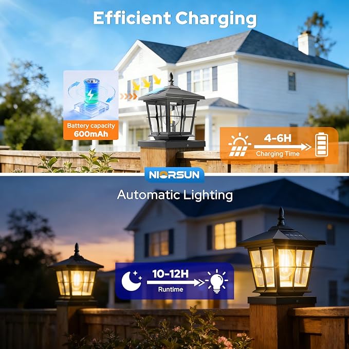 NIORSUN Solar Post Lights Outdoor, Fence Post Solar Lights with 3 Color Temperatures, Edison LED Bulbs Garden Patio Fence Deck Decor, 4x4 Posts Caps, 4x4, 5x5 Wooden & Vinyl (6 Pack,Black)