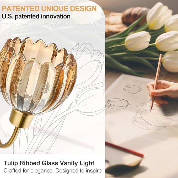4-Light Bathroom Light Fixtures, 27" Brushed Gold Vanity Lights for Bathroom with Ribbed Amber Tulip Glass Shade, Vintage Bathroom Vanity Lighting Fixtures Over Mirror for Bedroom Living Room Hallway