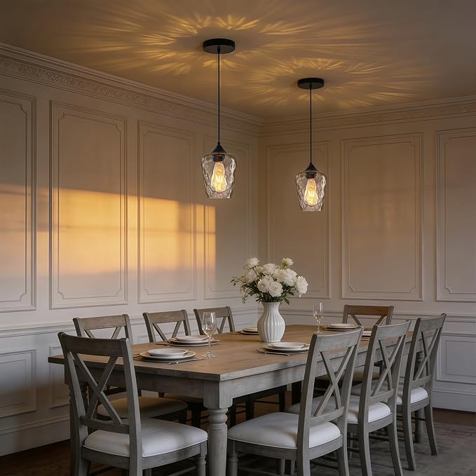 2 Pack 5.1" Mini Black Blown Glass Pendant Lights Kitchen Island Lighting, Small Black Hammered Glass Pendant Light Fixtures, Kitchen Pendant Lights with Hammered Glass Shades for Dining Room Sink