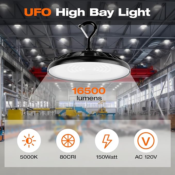 SYLVANIA ValueLED UFO LED High Bay Light, 150W, 16500 LMS, 80 CRI, 5000K, Daylight, Black, 120V with 6' Cord/Plug, High Bay Led Shop Lights for Commercial Factory Barn Garage, UL Listed-6 Pack (67260)