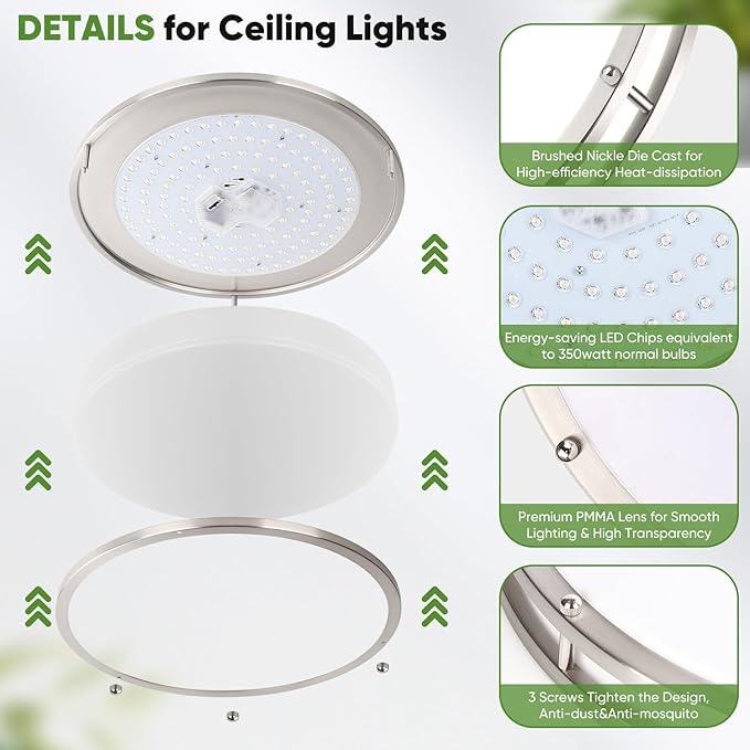 TOBUSA 18inch LED Flush Mount Ceiling Light, 50W 5600lm Bright Dimmable LED Ceiling Light Fixture, 2700K-6500K Adjusted, Modern Kitchen Light Fixture Ceiling for Living Room Bedroom, Brushed Nickle