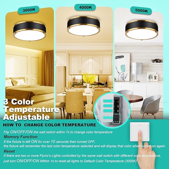 Edwarmlux 12.5 Inch LED Flush Mount Light Fixture, 26W, Modern Ceiling Light, 3 Color Adjustable 3000K/4000K/5000K, Dimmable for Bedroom, Hallway, Bathroom, Kitchen (Black Gold)