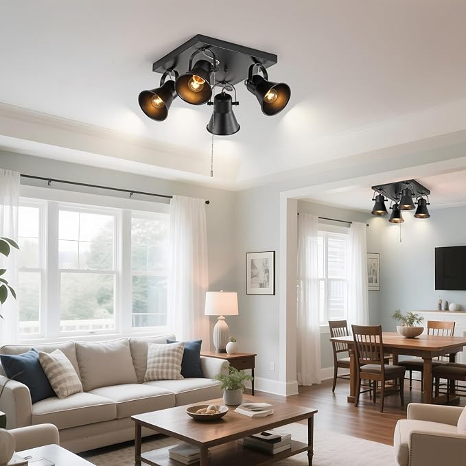 KEESFU 4-Light Square Ceiling Light Fixture with Pull Chain Switch, Black Adjustable Track Lighting,Flush Mount Directional Ceiling Lamp for Foyer Living Room Bedroom Kitchen Dining Area
