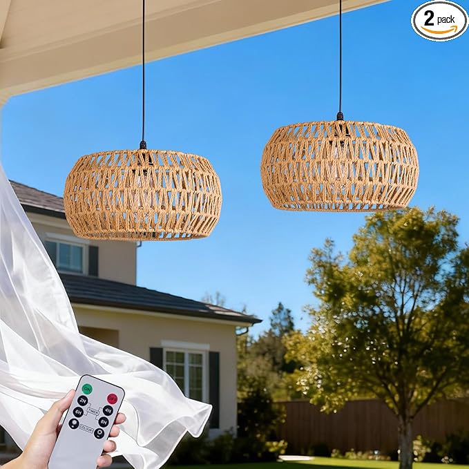 Battery Operated Outdoor Chandelier,Battery Operated Pendant Light with Remote Control, No Wiring Outdoor Hanging Light for Porch Patio Gazebo (13" 2Pack)