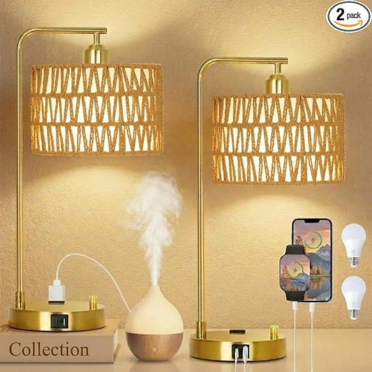 Boho Table Lamps With USB Charging Ports And Outlet, Dimmable Rattan Lamp Set Of 2 With Bulbs, Wicker Bedside Lamps For Bedroom Living Room Side Table, Gold Tall Desk Lamp For Bohemian Home Office
