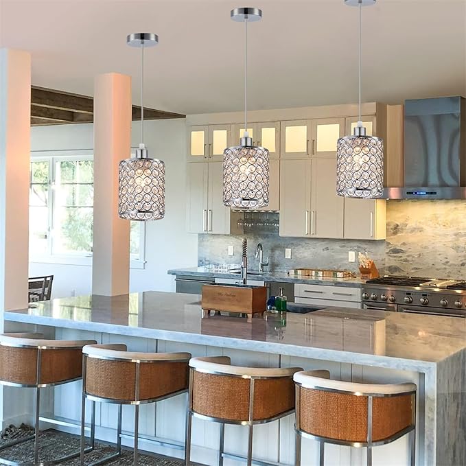 2 Pack Modern Chrome Crystal Pendant Lighting, Adjustable Pendant Light Fixture for Kitchen Island Dinning Room Bedroom Silver