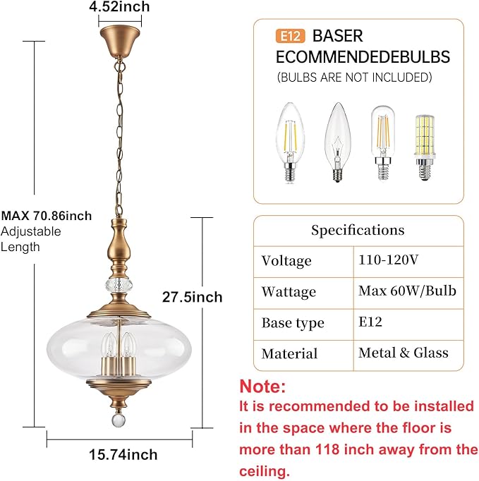 Vintage Pendant Light Brass Glass Pendant Light 15.74" Wide 5 Light Chandeliers for Kitchen, Dining Room Adjustable Hanging Height