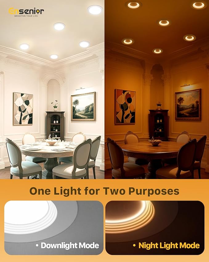 Ensenior 5/6 Inch 5CCT LED Can Lights with Night Light 12 Pack, Retrofit Led Recessed Lighting, Baffle Trim, Dimmable, 9W=110W, 1000LM, IC Rated - FCC