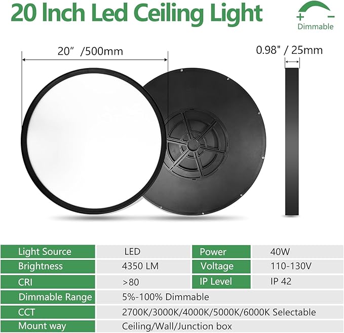 20 Inch Dimmable LED Flush Mount Ceiling Light, 40W,4350LM, 2700K/3000K/4000K/5000K/6000K CCT Selectable ,Round Flat Panel Light Low Profile Ceiling Light Fitures for Hallway/Kitchen/Bedroom, Black