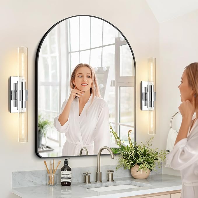 Wall Sconces Set of 2, 22.8" Chrome Bathroom Sconces, Indoor Sconces Lighting with Glass, Nickel Vanity Lights with Tube, Dimmable Bedroom Bedside Wall Light for Dressing Table Staircase