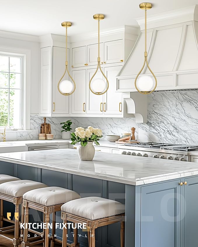 AUTELO 2 Pack Pendant Lights, Pendant Lights Kitchen Island in Brushed Gold Finish with Milky White Globe Glass, Gold Pendant Light Fixtures, Vintage Hanging Lights for Kitchen Island H9377 MGBG-2PK