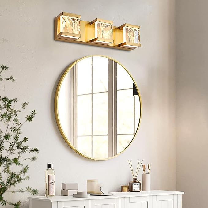 MELUCEE Modern Brass LED Vanity Lights Over Mirror 15W 3 Lights LED Bathroom Light Fixtures with Unique Smoke Acrylic Panel Bathroom Wall Sconce for Bath Powder Room, 3000K Warm Lighting