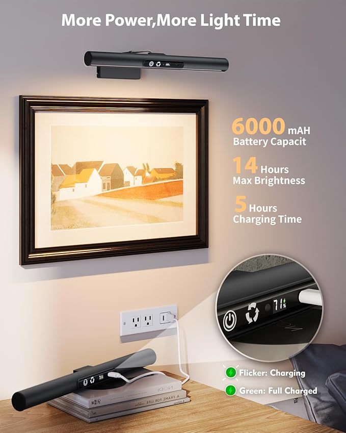 Skairipa Picture Light for Wall, 6000mAh Rechargeable Wireless Wall Lights, 13'' Dimmable Remote Magnetic LED Art Painting Light with 3 Color Temps, Display for Gallery, Living Room (Black, 1Pack)