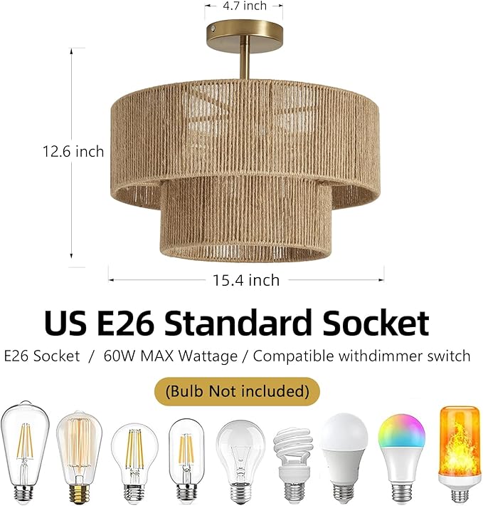 Boho Semi Flush Mount Ceiling Light Gold Rattan Ceiling Light 15.4" Farmhouse Ceiling Lamp with Natural Hemp Rope Lampshade for Dining Room Living Room Bedroom Kitchen