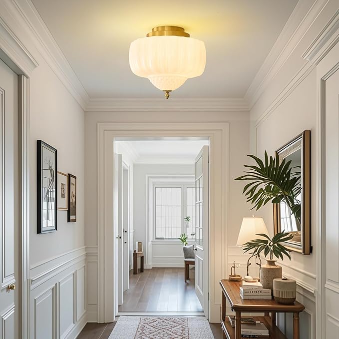 14 inch Vintage Semi Flush Mount Ceiling Light Gold Schoolhouse Ceiling Light Fixture Mid Century Milk Glass Ceiling Lamp for Kitchen Restaurant Bedroom and Hallway(White)