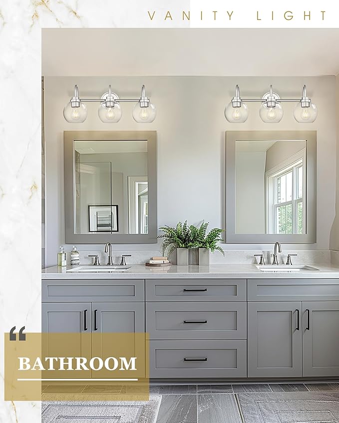 Bathroom Light Fixtures, 3-Light Brushed Nickel Vanity Lights Over Mirror with Globe Clear Glass, Modern Vanity Lighting Fixtures, AD-22280-3W-SN