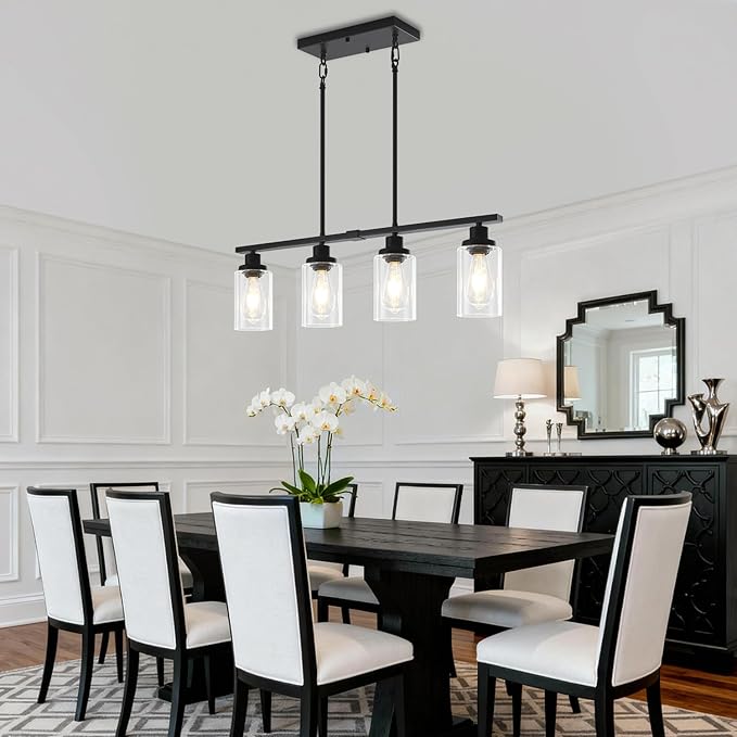 Modern Island Lights for Kitchen Black Dining Room Light Fixtures Over Table 4-Light Farmhouse Linear Chandelier Adjustable Hanging Kitchen Lights Ceiling Clear Glass Pendant Lighting Over Island