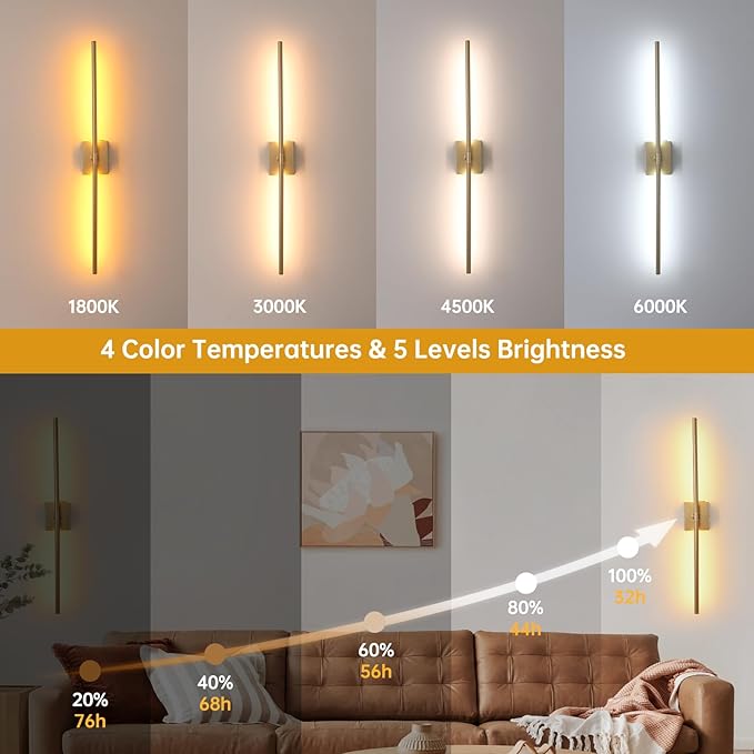 Shenmoyl Battery Operated Wall Sconce Set of 2, 10000mAh Rechargeable Wall Sconces with Detachable Battery, Indoor 350°Rotate Wall Lights for Bedroom Living Room, Gold, 31.5 Inch