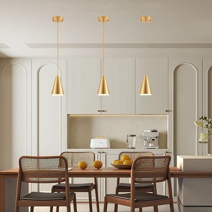 Gold Pendant Lights, 3 Pack Vintage Farmhouse Hanging Lamp Modern Brass Rustic Pendant Lighting Fixtures for Kitchen Island Dining Room Bedroom Hallway