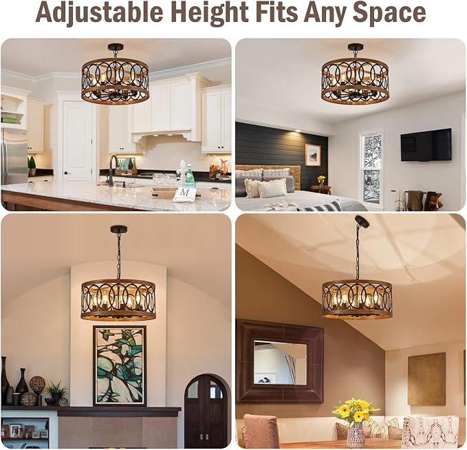 8-Light Farmhouse Drum Pendant Light,19.68'' Nature Wood Texture Vintage Rustic Chandeliers Black Metal Industrial Hanging Light Fixtures for Entryway, Bedroom Dining Room