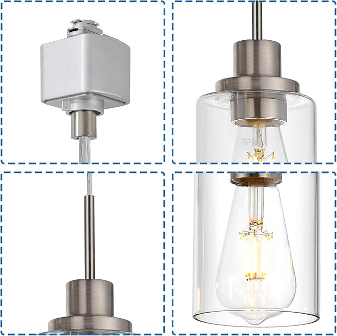 MELUCEE 4 Packs H Track Pendant Lighting Brushed Nickel Ceiling Hanging Lamp Track Lighting Fixtures Pendant with Clear Glass Shades, Compatible with H Type Track Lighting Rail, E26 Socket