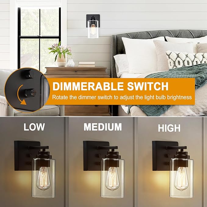 Pia Ricco Wall Sconces Set of Two, Bedside Wall Lamps with Rotary Switch for Bedroom, Modern Bathroom Light Fixtures with Clear Glass Shade, Black Sconces Wall Lights for Living Room, Hallway, Kitchen