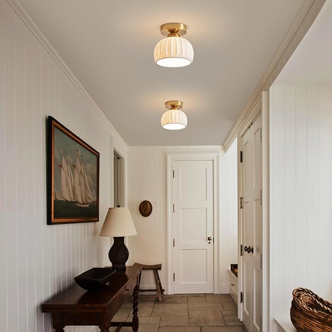 2 Pack Ceramic Gold Semi Flush Mount Ceiling Light Vintage Hallway Light Fixtures, Modern Small Ceiling Mount Light Lamp for Hall Kitchen Entryway Passway Porch Foyer
