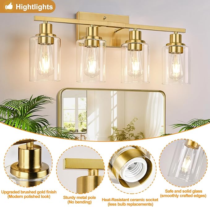 Indoi 4-Light Vanity Lights with Clear Glass Shades, Brushed Gold Bathroom Light Fixtures Over Mirror, Modern Bathroom Wall Lamp for Mirror Living Room Cabinet Bedroom Porch