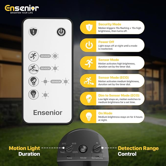 Ensenior Solar Security Lights, Wide Beam Flood Light 6500K Super Bright for Driveway Backyard Garden, Remote Control Motion Lights, Weather-Resistant Exterior Lighting, 1800LM Lumen, Black, 2-Pack