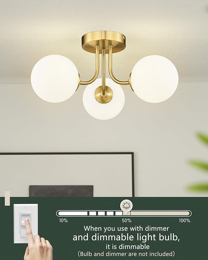 3-Globe Gold Semi Flush Mount Ceiling Light in a Modern Farmhouse Design is Ideal for Living Rooms, Bedrooms, or Dining Rooms. Model:CKCL4845-3W-PG.(Bulb Incl)