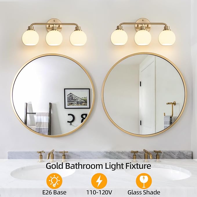 Bathroom Light Fixtures Gold Vanity Light 3 Light Wall Sconces Lighting Brushed Brass Lights with Milk Globe Glass Shades Bath Wall Lamp for Mirror Kitchen Living Room Bedroom Hallway