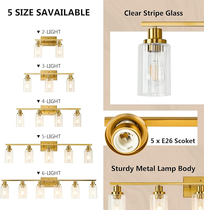 Jonsi Gold 5-Light Bathroom Vanity Light with Glass Shade, Modern Gold Bathroom Lights Over Mirror, W 40.2 x H 10.7 inches