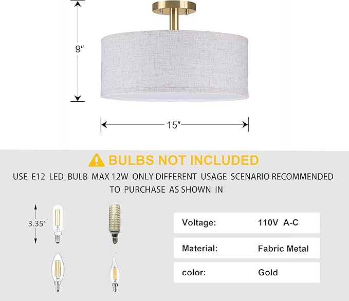 15 Inch Drum Gold 3 Light Semi Flush Mount Close to Ceiling Light Fixture,Linen Fabric Shade for Bedroom,Living Room,Dining Room Hallway