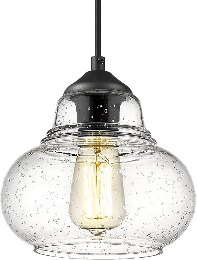 ELYONA 8 Inch Globe Pendant Light Bubble Glass Industrial Kitchen Island Hanging Pendant Light Fxiture Modern Hand Blown Seeded Glass for Farmhouse Dining Room Bar Bedroom Living Room Black