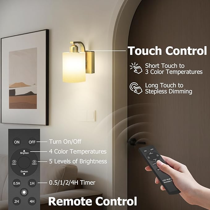 iThird 1 Pack Battery Operated Wall Sconce Light: Gold 6000mAh Rechargeable Wall Lights with Touch and Remote Control, 4 CCT Dimmable Wireless Wall Lamps for Bedroom Living Room Hallway